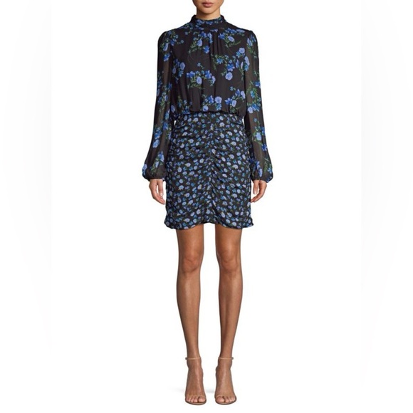 New Shoshanna Kiana Floral Dress Ruched Skirt Mock Neck Long Sleeve Mini 12 Blue - Picture 5 of 16